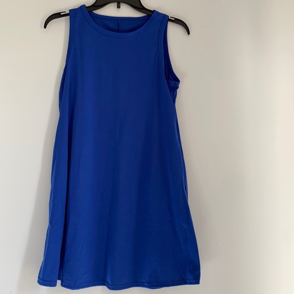 Royal blue tank top dress with pockets.